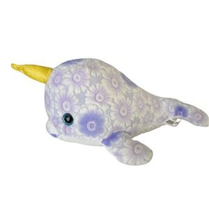 Purple Floral Narwhal Plush Stuffed Animal Gold Glitter Horn